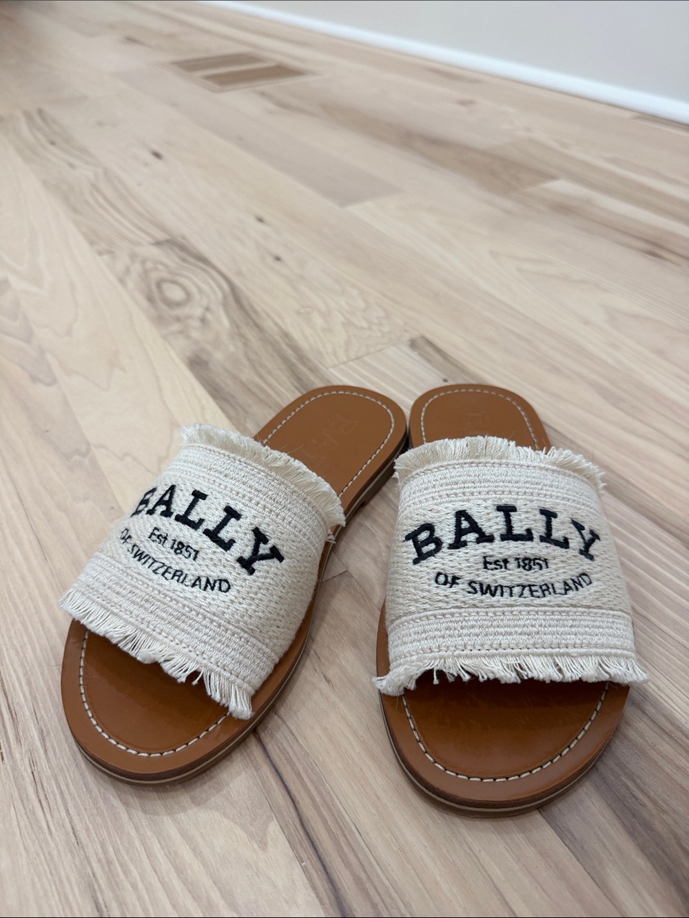 Bally Cream Fringed Logo Slide Sandals with Brown Footbed